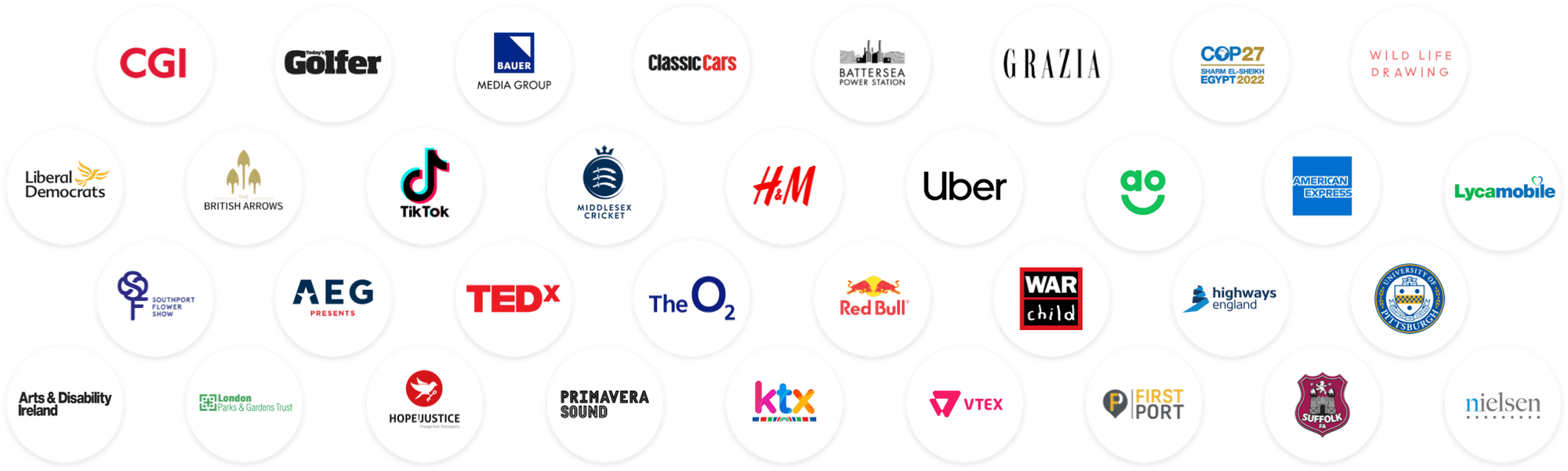 Logos of brands running ticketing on Eventcube, including Uber, H&M, TikTok, Red Bull, AEG Presents, TEDx, The O2 and American Express